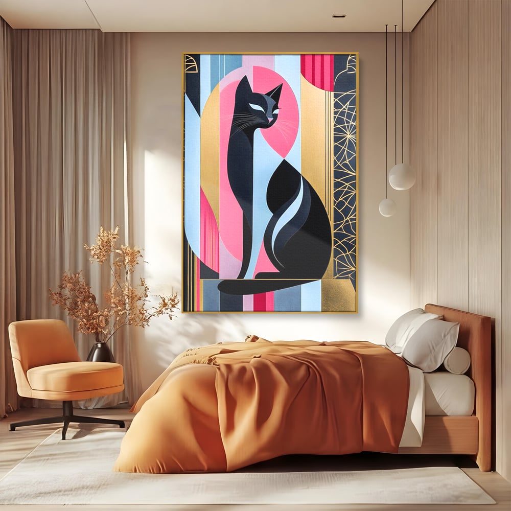 Tablou canvas cu tablou vertical cu silueta de pisica, in rama de aluminiu auriu, pe perete intr-un dormitor