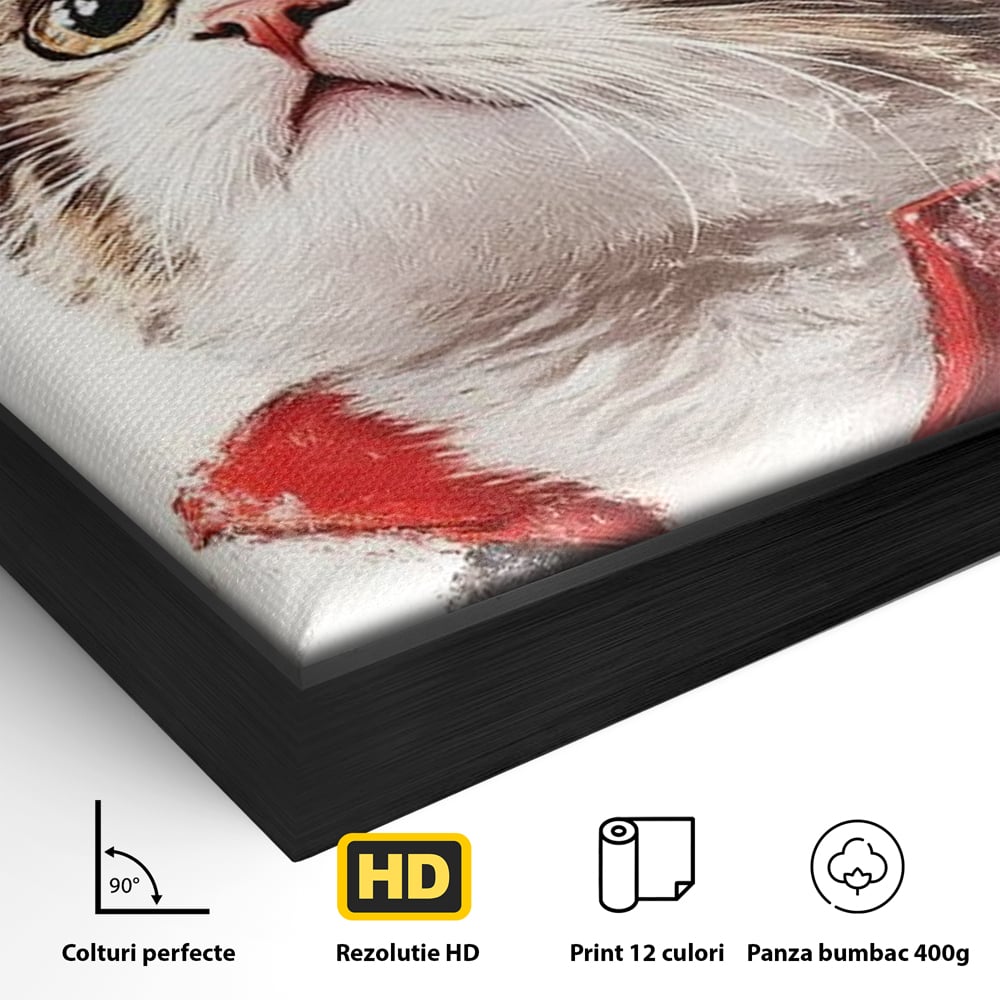 Detaliu al suprafetei: tablou canvas cu motan pirat, in rama de aluminiu negru