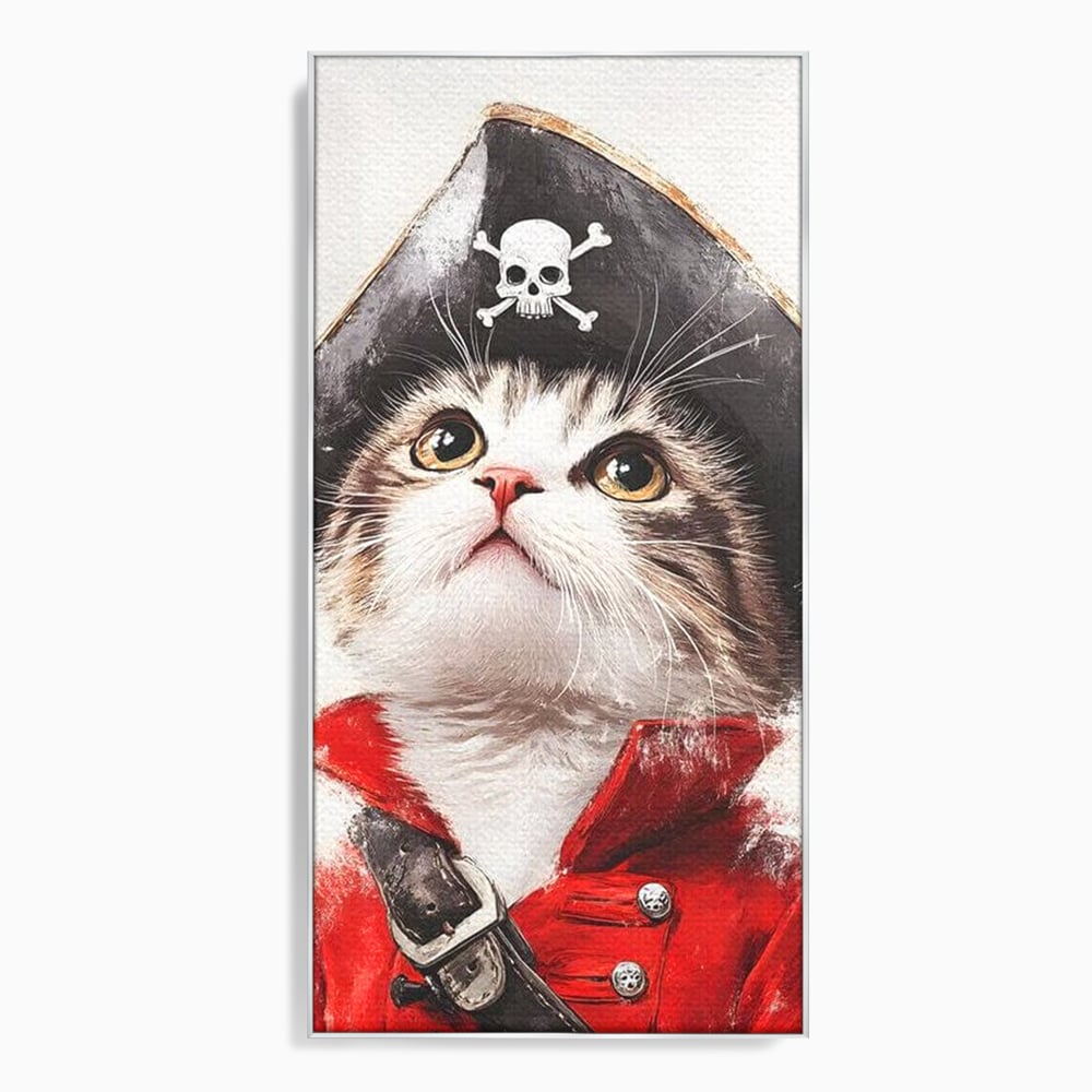 Tablou canvas cu tablou canvas cu motan pirat, in rama de aluminiu argintiu