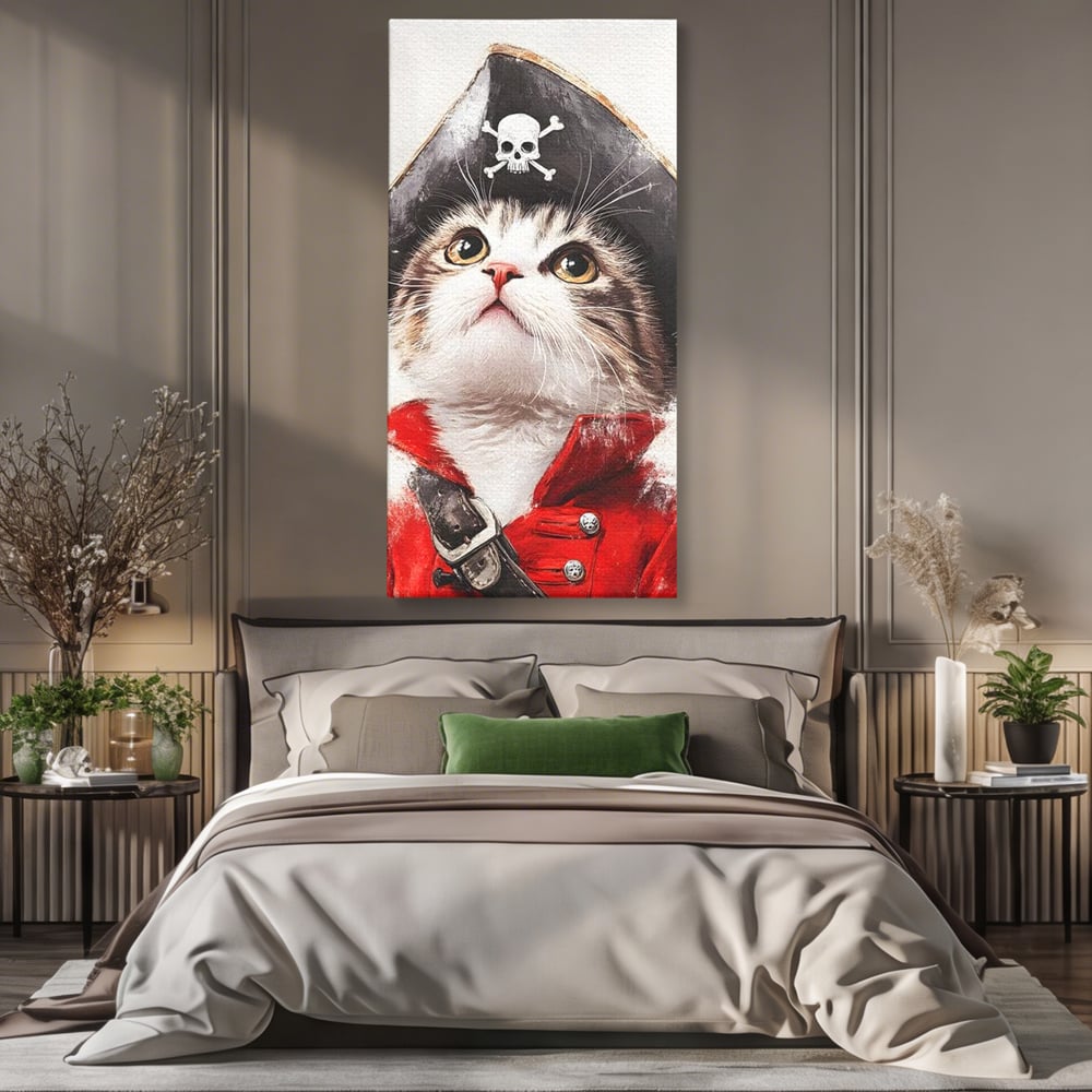 Tablou canvas cu tablou canvas cu motan pirat, fara rama, pe sasiu de lemn, pe perete intr-un dormitor