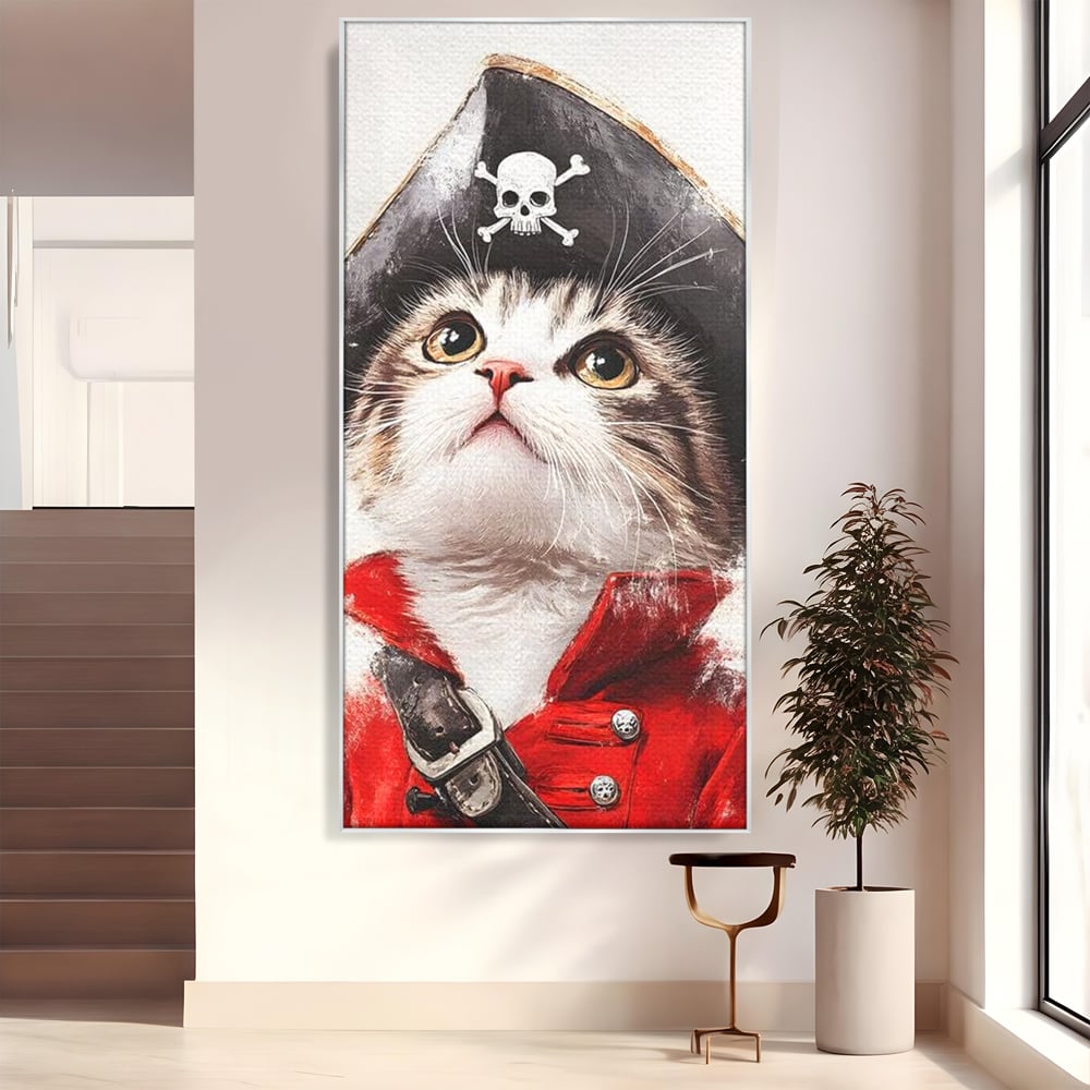 Tablou canvas cu tablou canvas cu motan pirat, in rama de aluminiu argintiu