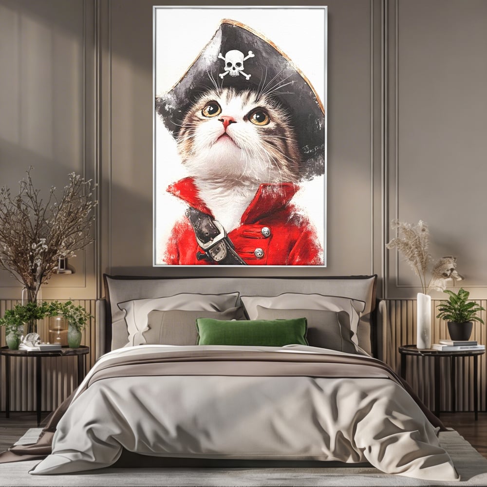 Tablou canvas cu tablou canvas cu motan pirat, in rama de aluminiu argintiu, pe perete intr-un dormitor