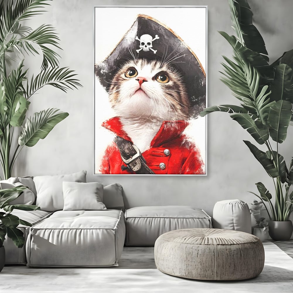 Tablou canvas cu tablou canvas cu motan pirat, in rama de aluminiu argintiu, pe perete intr-un living