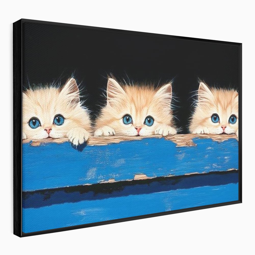 Tablou canvas cu ilustratie digitala cu trei pisicute, in rama de aluminiu negru