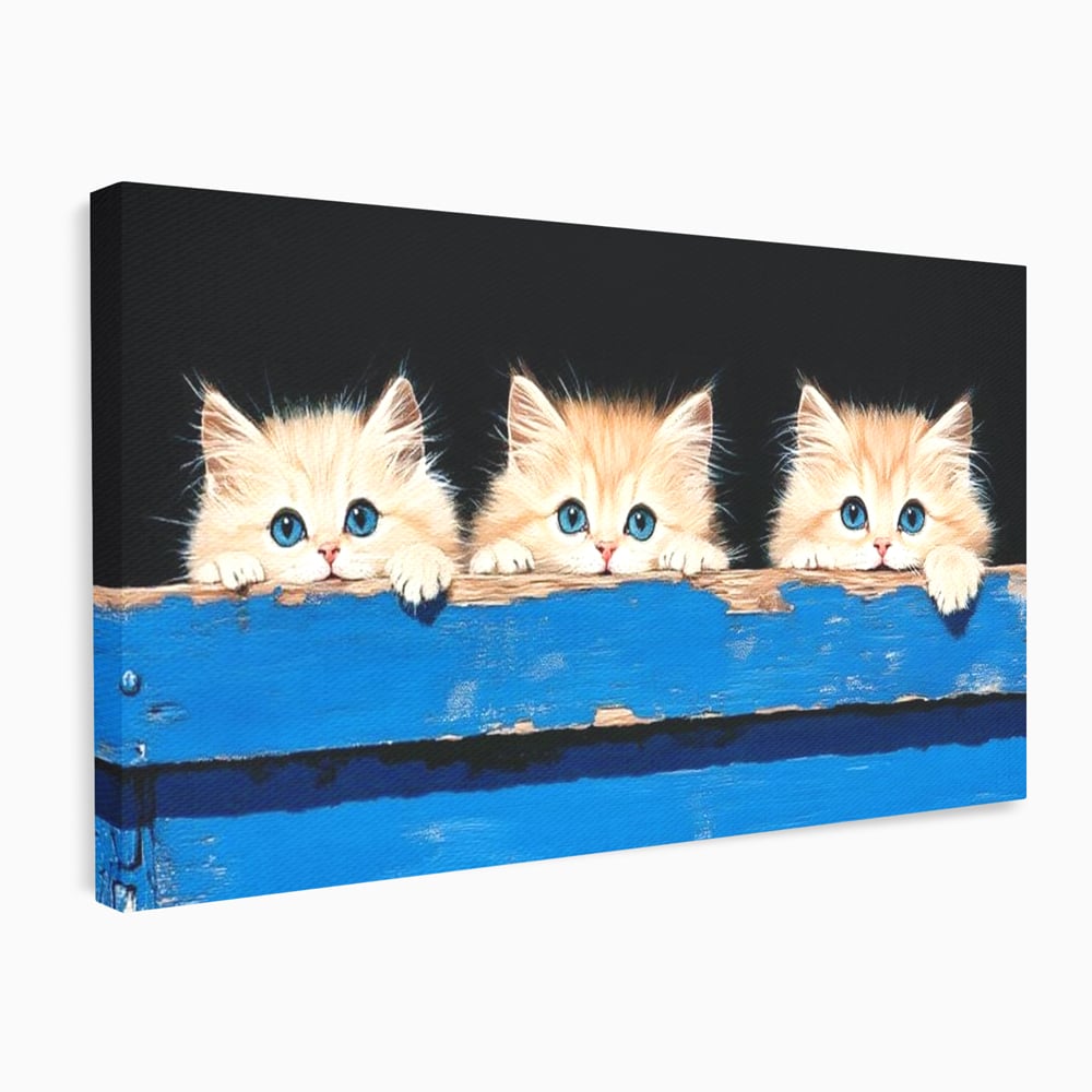 Tablou canvas cu ilustratie digitala cu trei pisicute, fara rama, pe sasiu de lemn