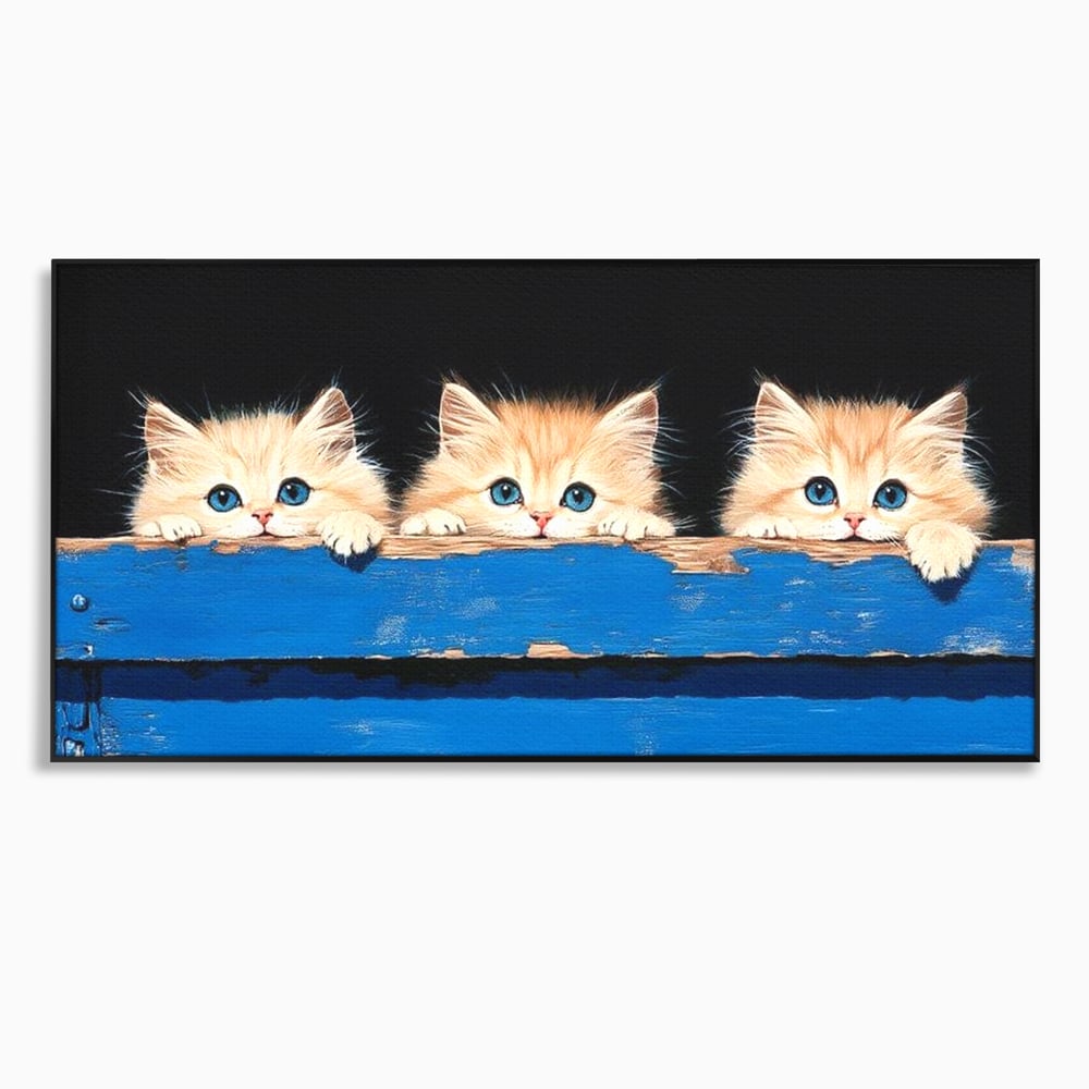Tablou canvas cu ilustratie digitala cu trei pisicute, in rama de aluminiu negru