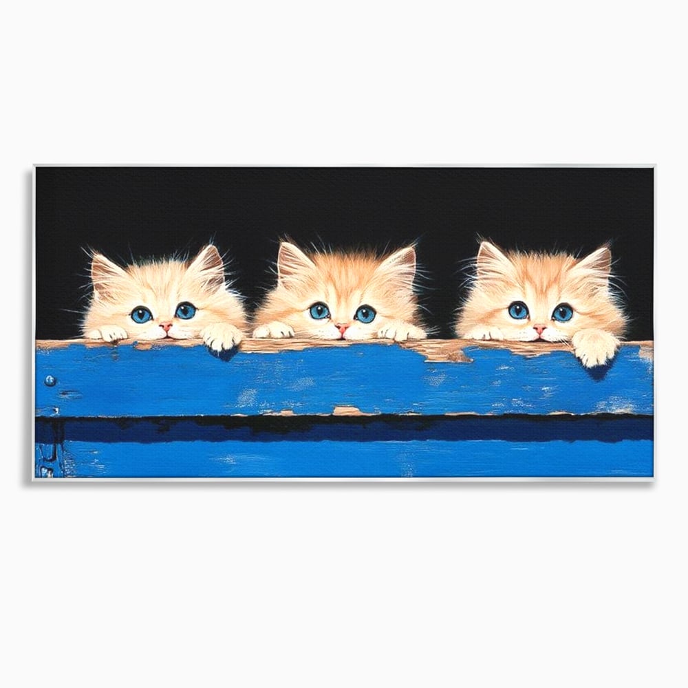 Tablou canvas cu ilustratie digitala cu trei pisicute, in rama de aluminiu argintiu