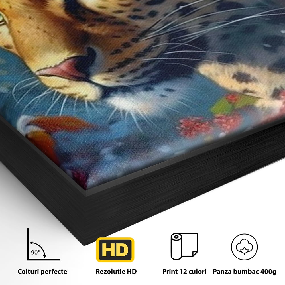 Detaliu al suprafetei: tablou canvas cu jaguar in zapada, in rama de aluminiu negru