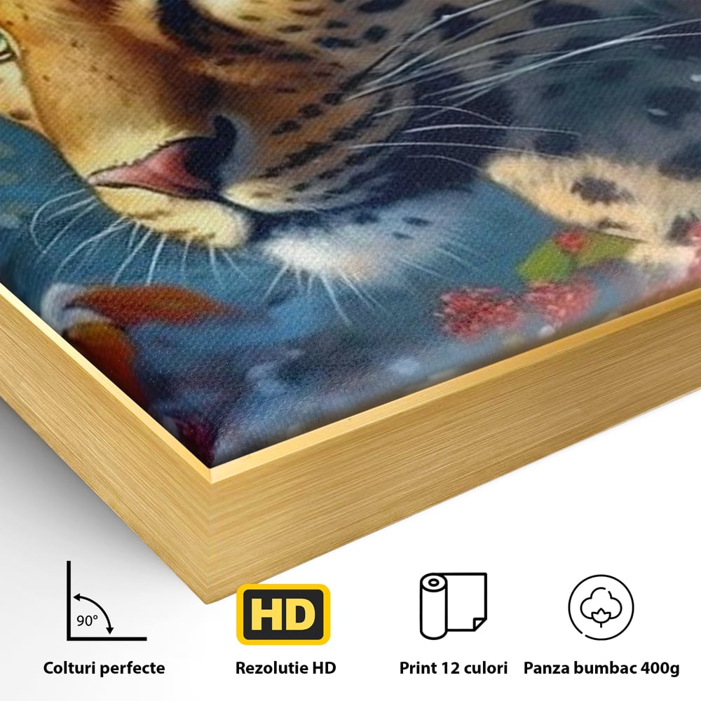 Detaliu al suprafetei: tablou canvas cu jaguar in zapada, in rama de aluminiu auriu