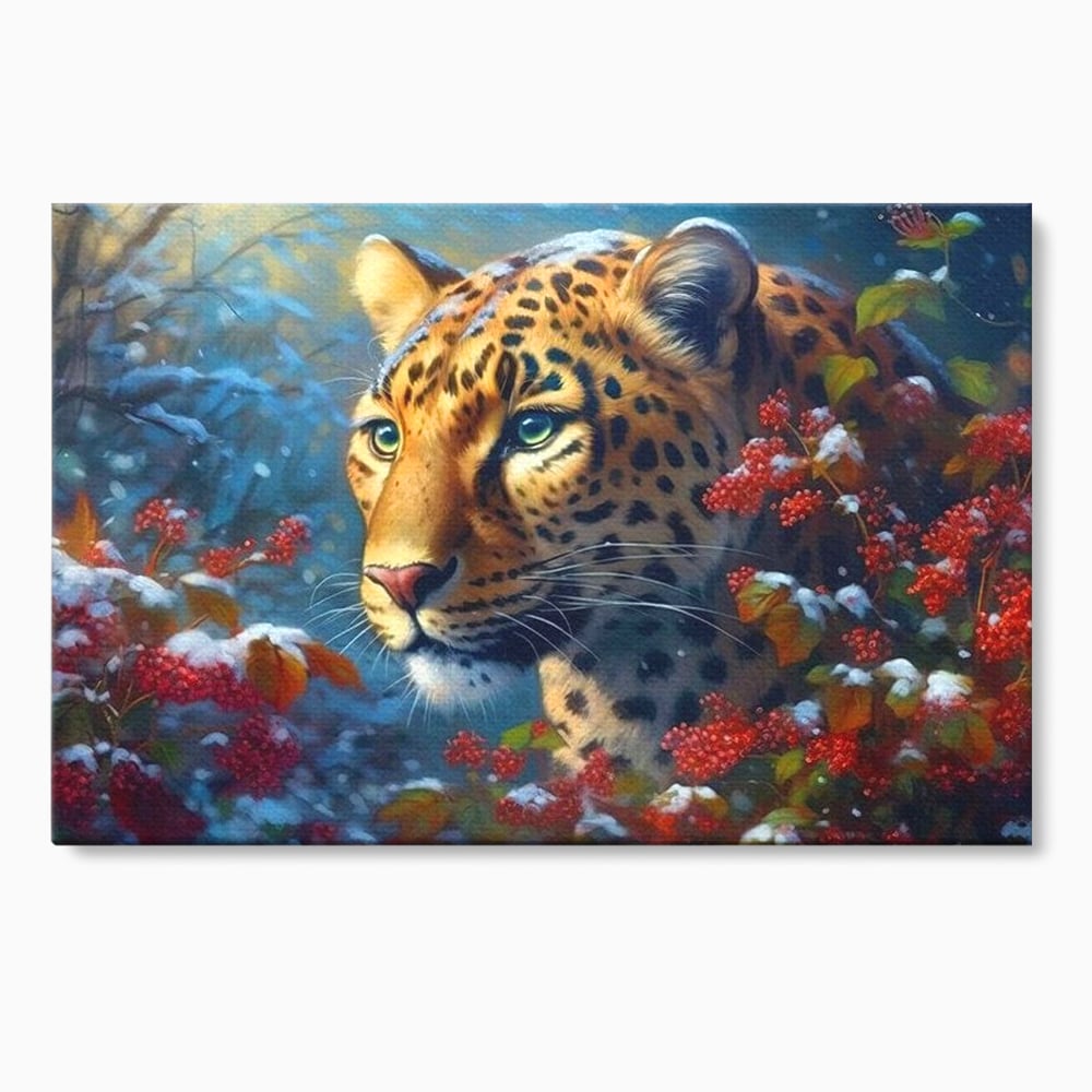 Tablou canvas cu tablou canvas cu jaguar in zapada, fara rama, pe sasiu de lemn