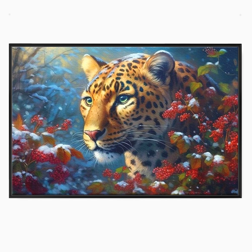 Tablou canvas cu tablou canvas cu jaguar in zapada, in rama de aluminiu negru