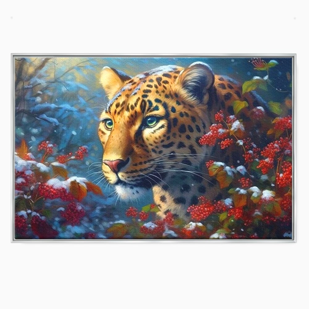 Tablou canvas cu tablou canvas cu jaguar in zapada, in rama de aluminiu argintiu
