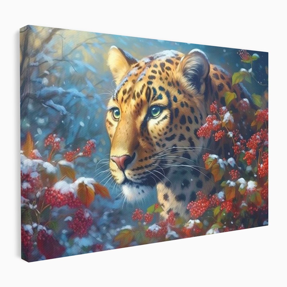 Tablou canvas cu tablou canvas cu jaguar in zapada, fara rama, pe sasiu de lemn