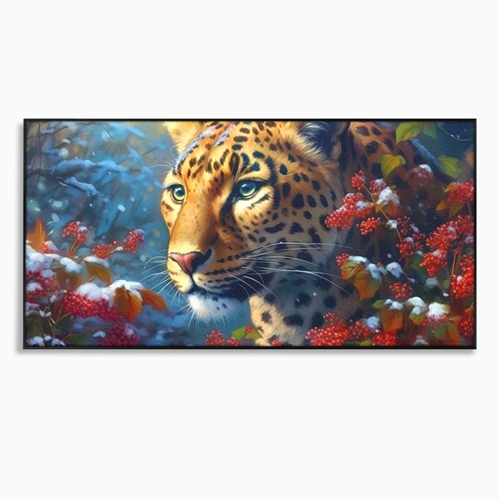 Tablou canvas cu tablou canvas cu jaguar in zapada, in rama de aluminiu negru