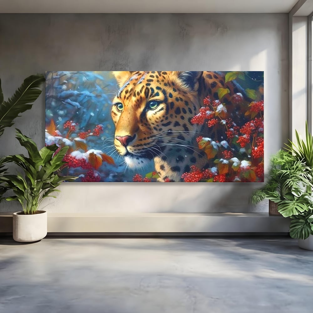 Tablou canvas cu tablou canvas cu jaguar in zapada, fara rama, pe sasiu de lemn