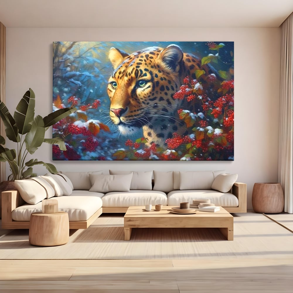 Tablou canvas cu tablou canvas cu jaguar in zapada, fara rama, pe sasiu de lemn, pe perete intr-un living