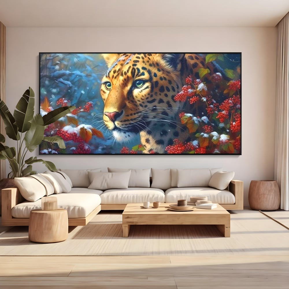 Tablou canvas cu tablou canvas cu jaguar in zapada, in rama de aluminiu negru, pe perete intr-un living