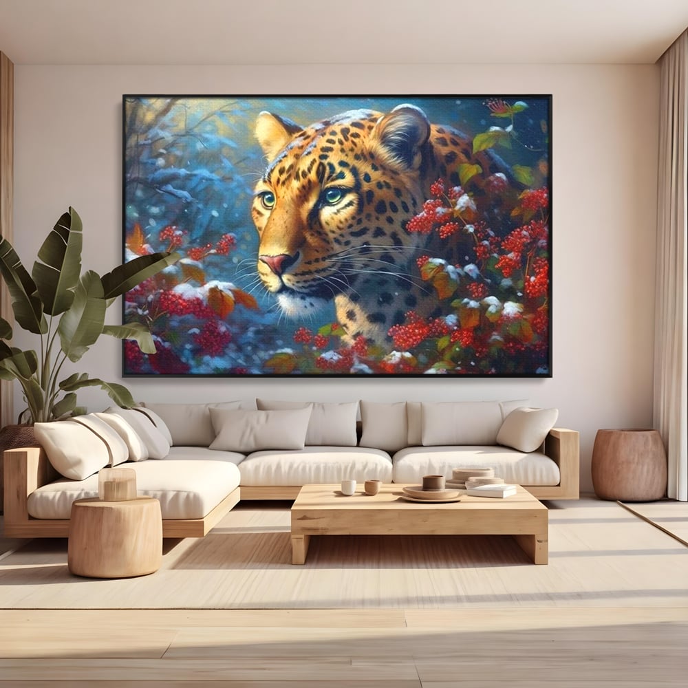 Tablou canvas cu tablou canvas cu jaguar in zapada, in rama de aluminiu negru, pe perete intr-un living