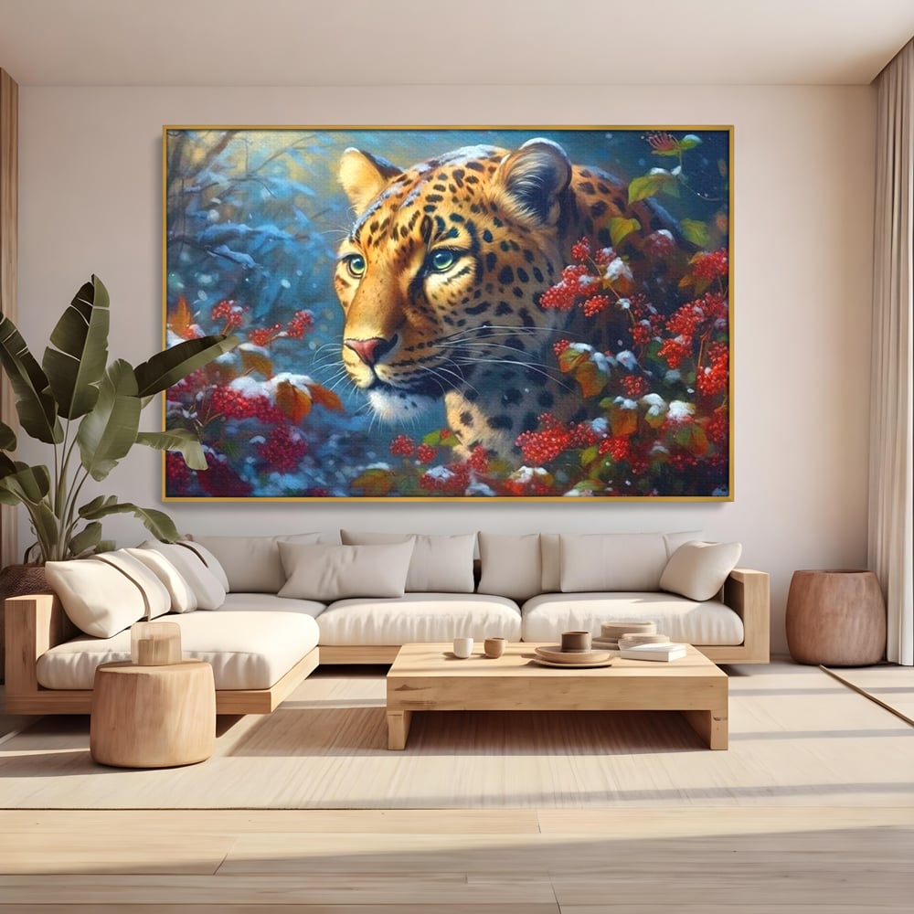 Tablou canvas cu tablou canvas cu jaguar in zapada, in rama de aluminiu auriu, pe perete intr-un living