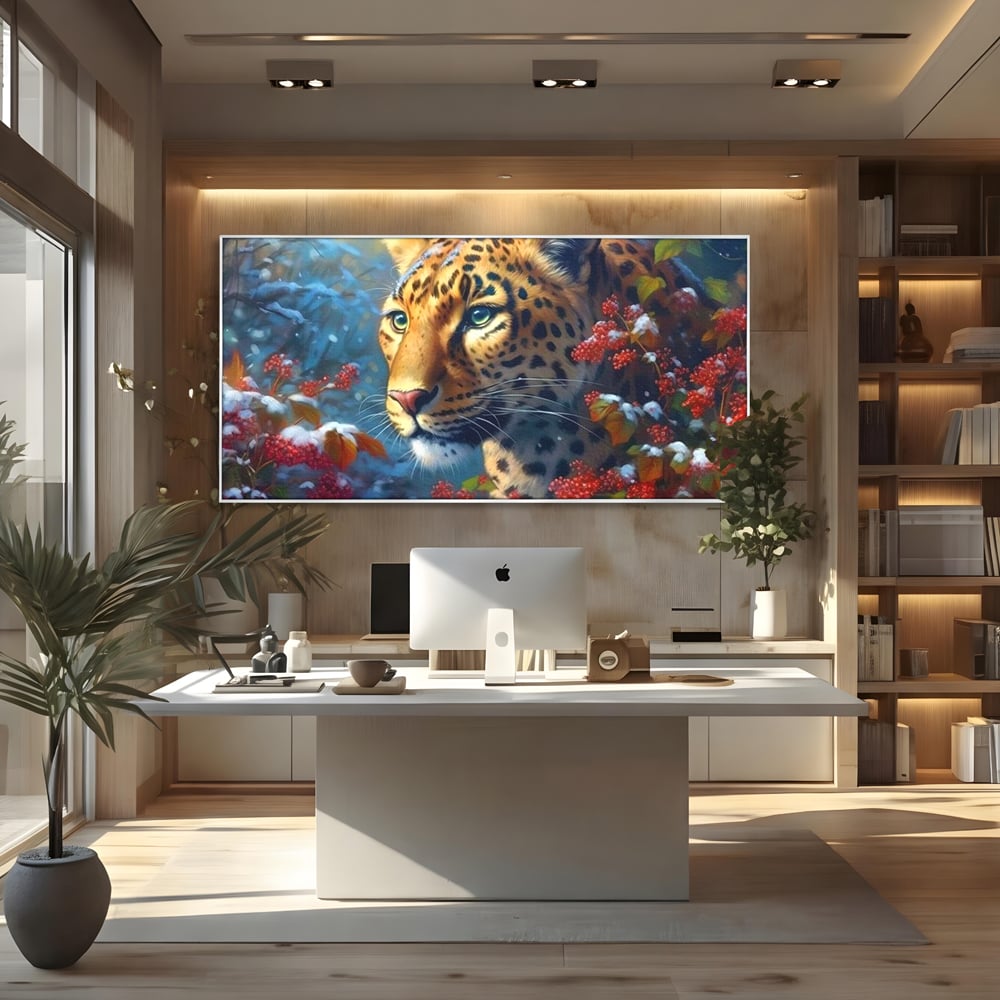 Tablou canvas cu tablou canvas cu jaguar in zapada, in rama de aluminiu argintiu, pe perete intr-un birou