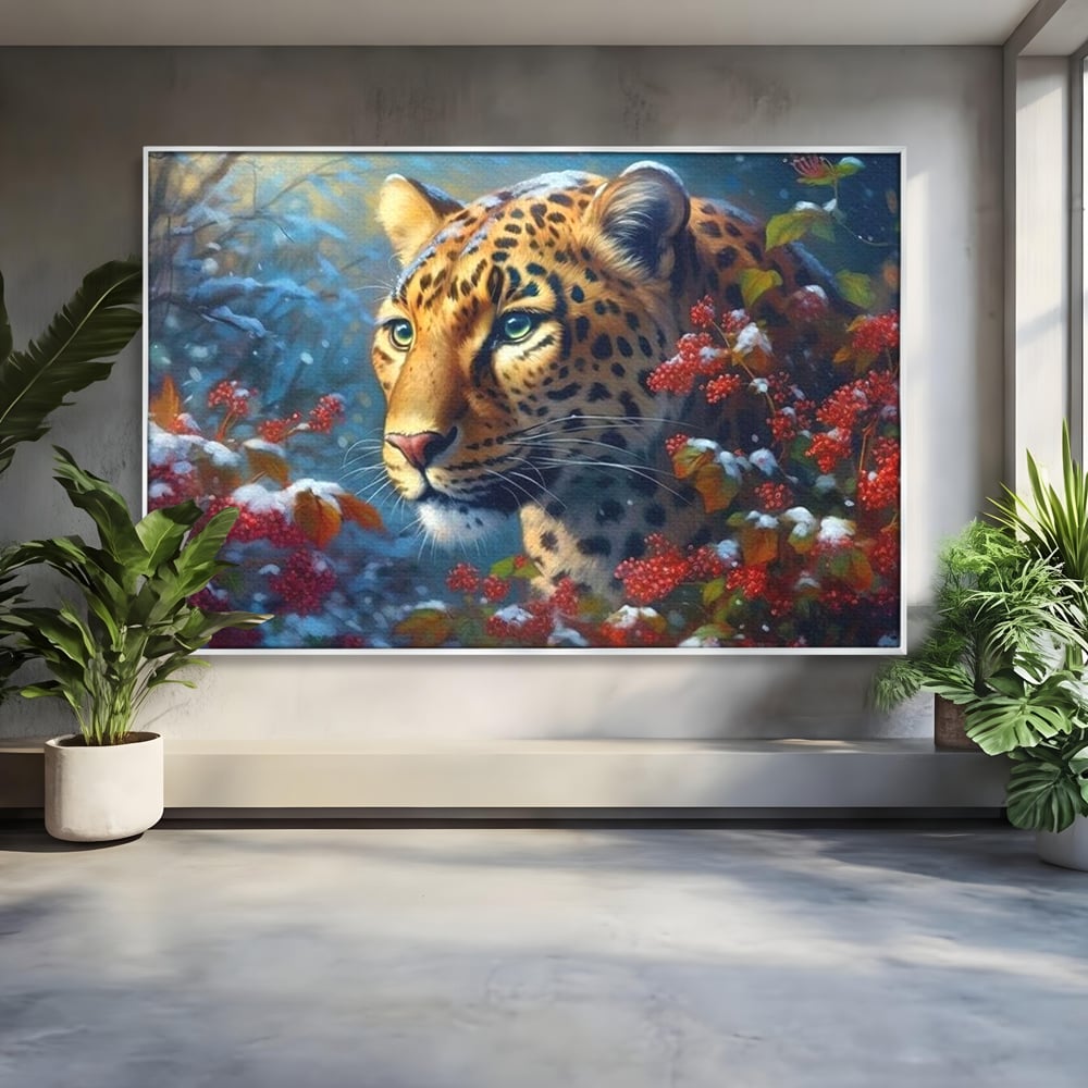 Tablou canvas cu tablou canvas cu jaguar in zapada, in rama de aluminiu argintiu