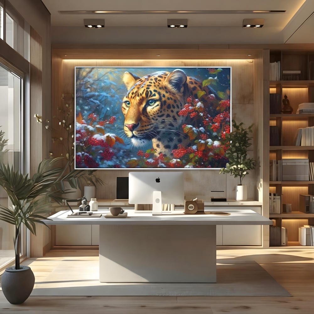 Tablou canvas cu tablou canvas cu jaguar in zapada, in rama de aluminiu argintiu, pe perete intr-un birou