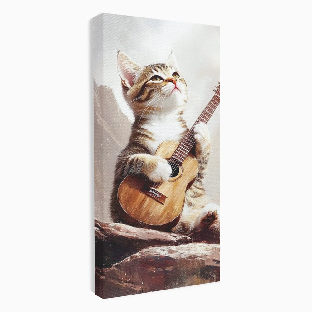 Tablou canvas cu tablou canvas cu pisica cantand la chitara, fara rama, pe sasiu de lemn