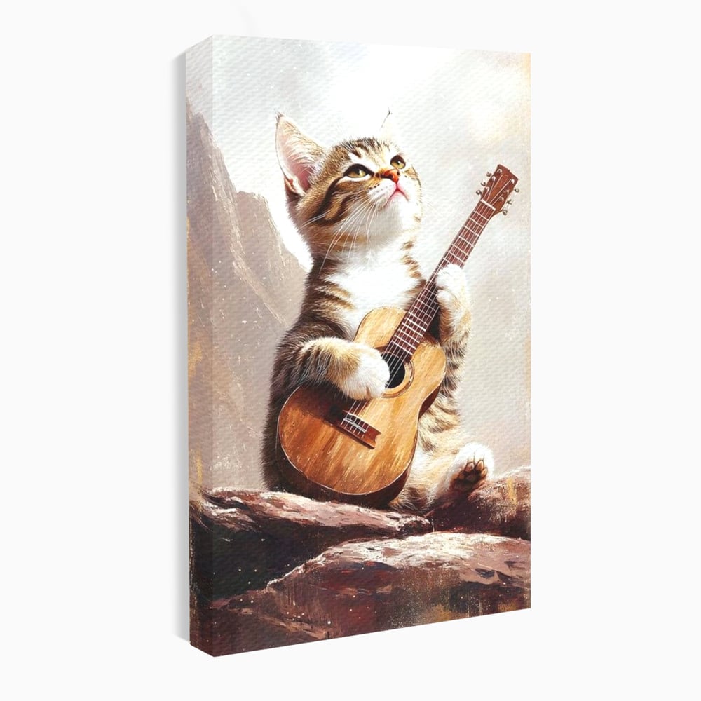 Tablou canvas cu tablou canvas cu pisica cantand la chitara, fara rama, pe sasiu de lemn