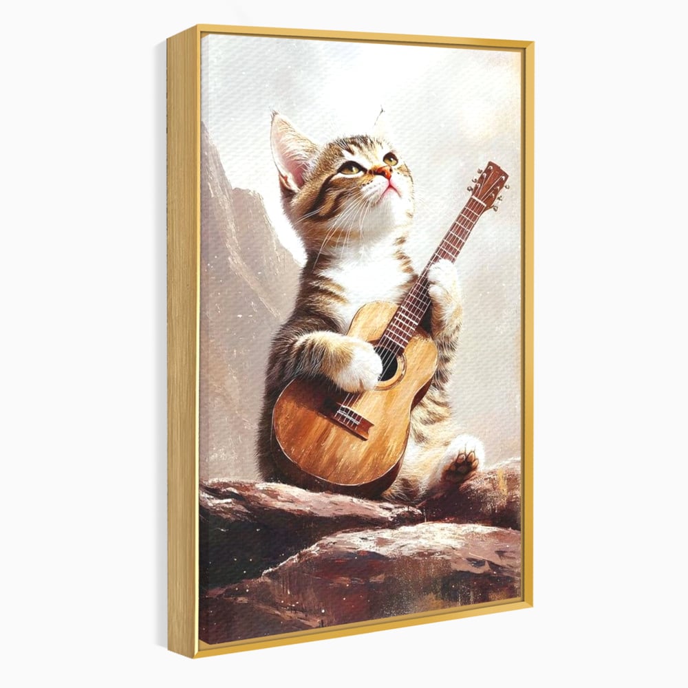 Tablou canvas cu tablou canvas cu pisica cantand la chitara, in rama de aluminiu auriu
