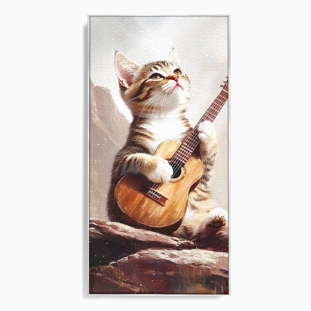 Tablou canvas cu tablou canvas cu pisica cantand la chitara, in rama de aluminiu argintiu