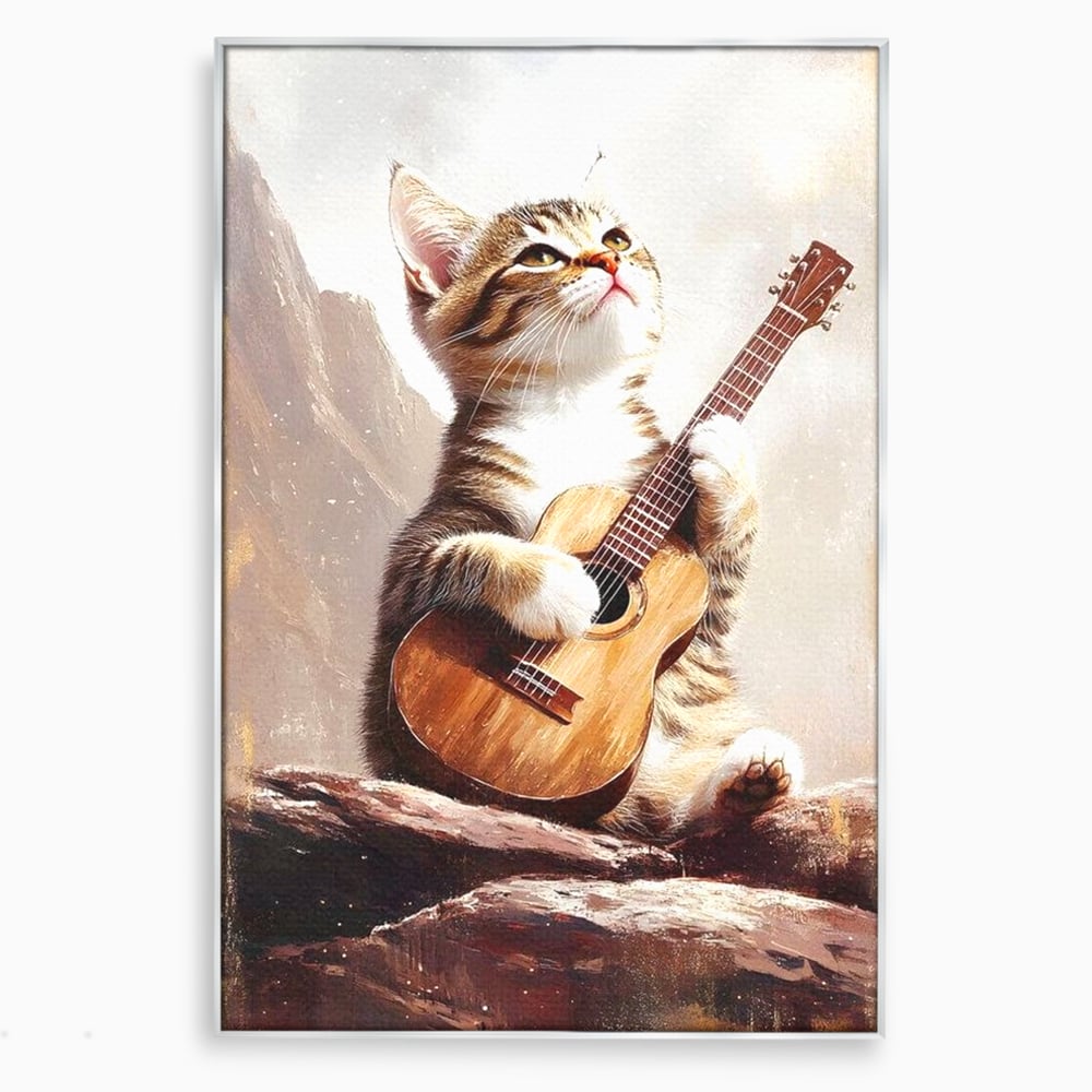 Tablou canvas cu tablou canvas cu pisica cantand la chitara, in rama de aluminiu argintiu