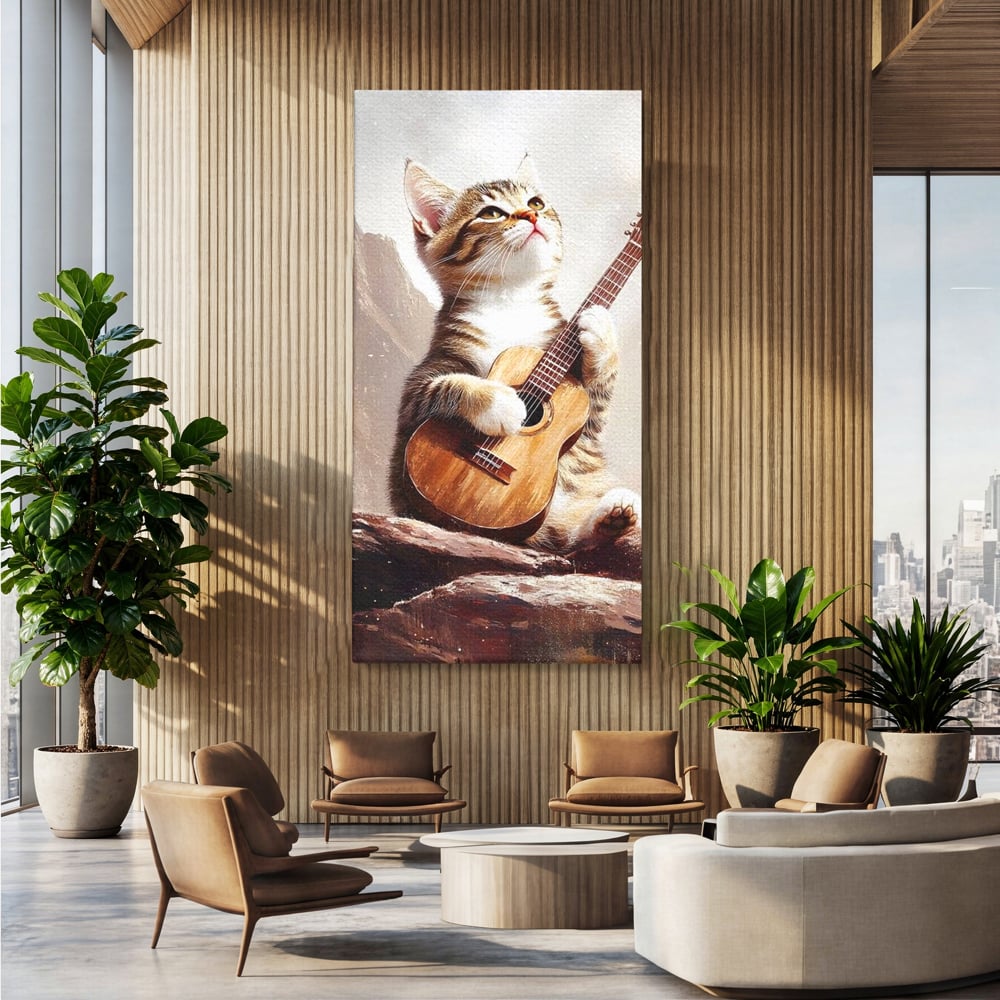 Tablou canvas cu tablou canvas cu pisica cantand la chitara, fara rama, pe sasiu de lemn, pe perete intr-un birou
