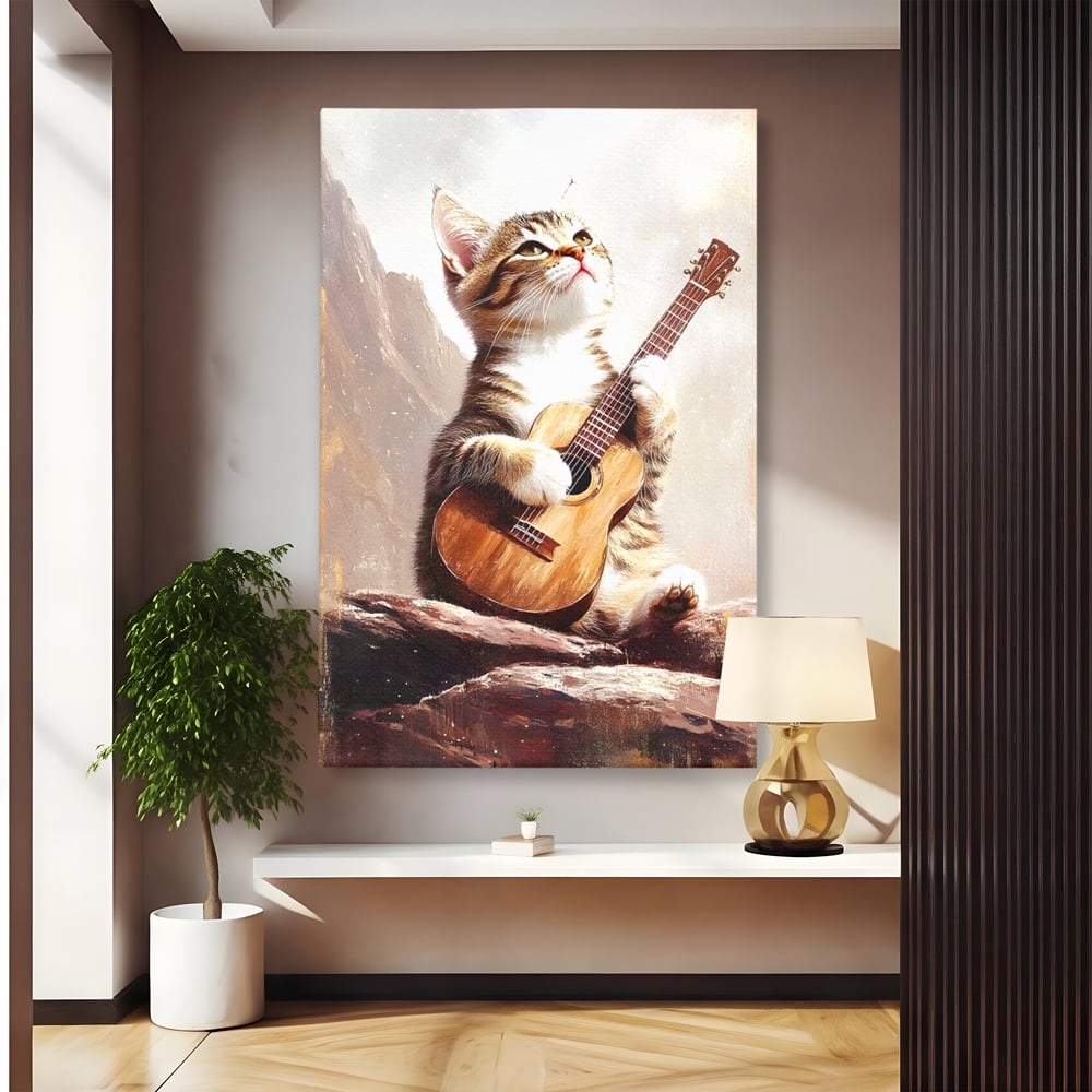 Tablou canvas cu tablou canvas cu pisica cantand la chitara, fara rama, pe sasiu de lemn