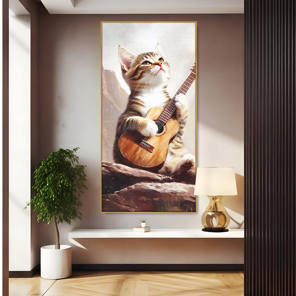 Tablou canvas cu tablou canvas cu pisica cantand la chitara, in rama de aluminiu auriu