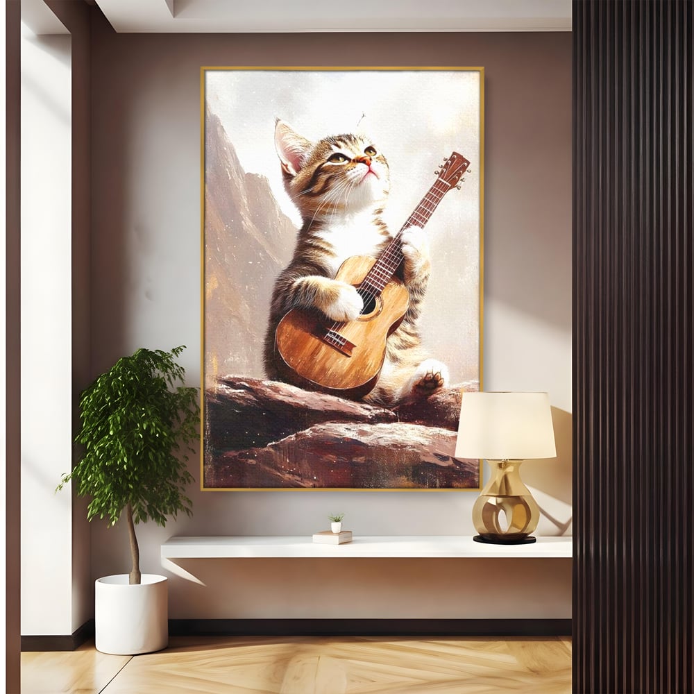Tablou canvas cu tablou canvas cu pisica cantand la chitara, in rama de aluminiu auriu