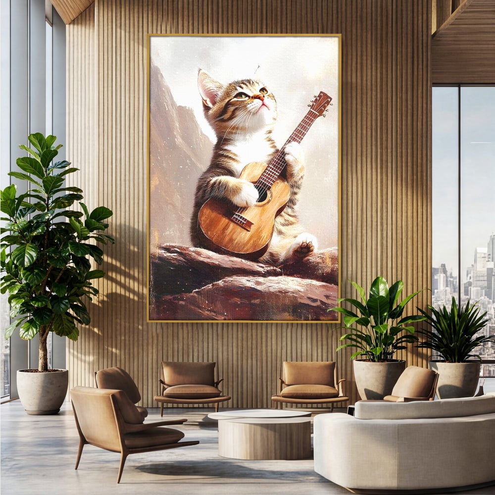 Tablou canvas cu tablou canvas cu pisica cantand la chitara, in rama de aluminiu auriu, pe perete intr-un birou