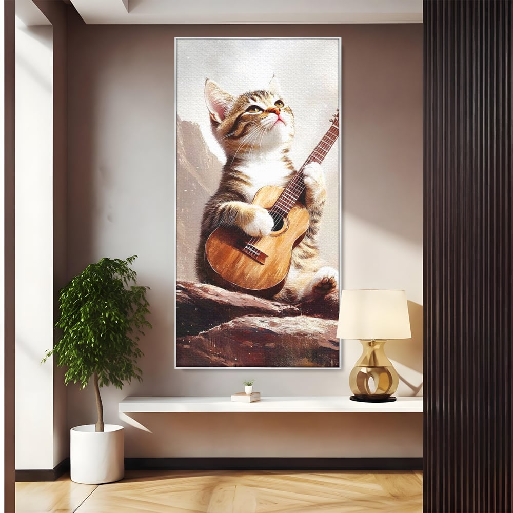 Tablou canvas cu tablou canvas cu pisica cantand la chitara, in rama de aluminiu argintiu