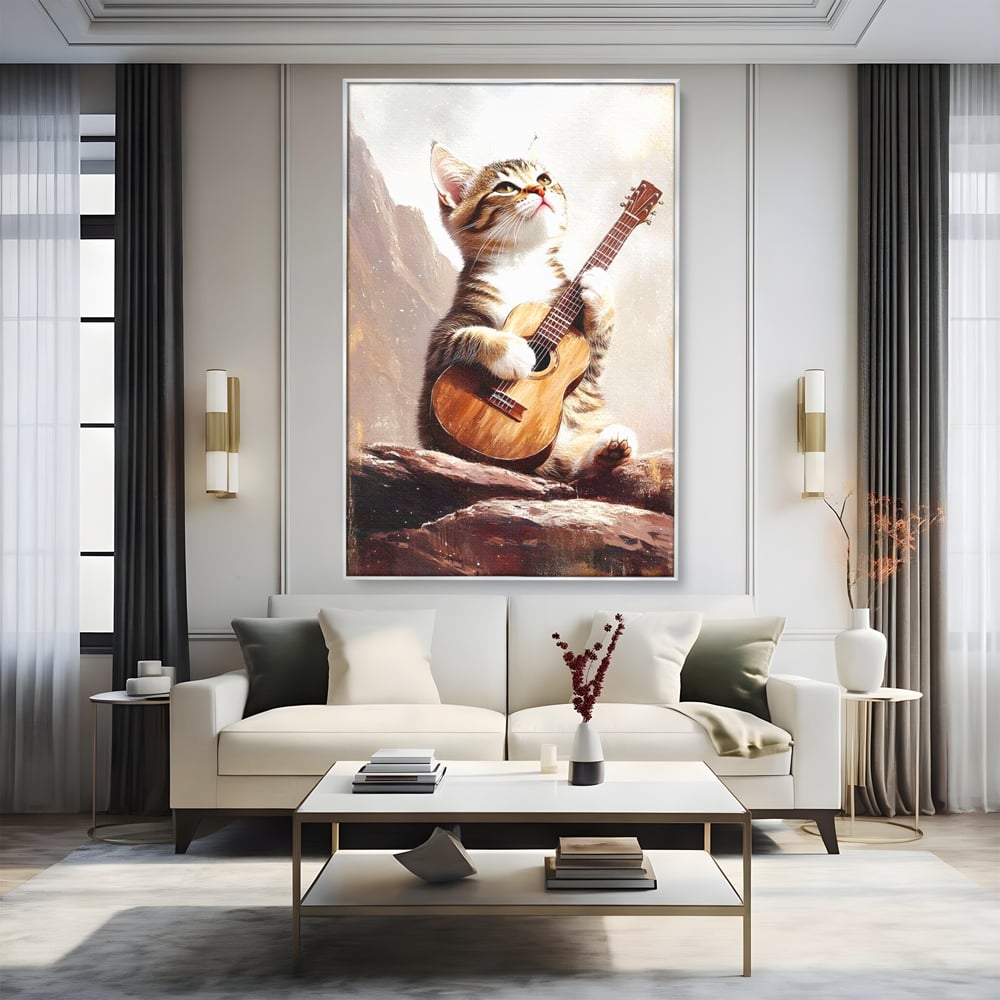 Tablou canvas cu tablou canvas cu pisica cantand la chitara, in rama de aluminiu argintiu, pe perete intr-un living