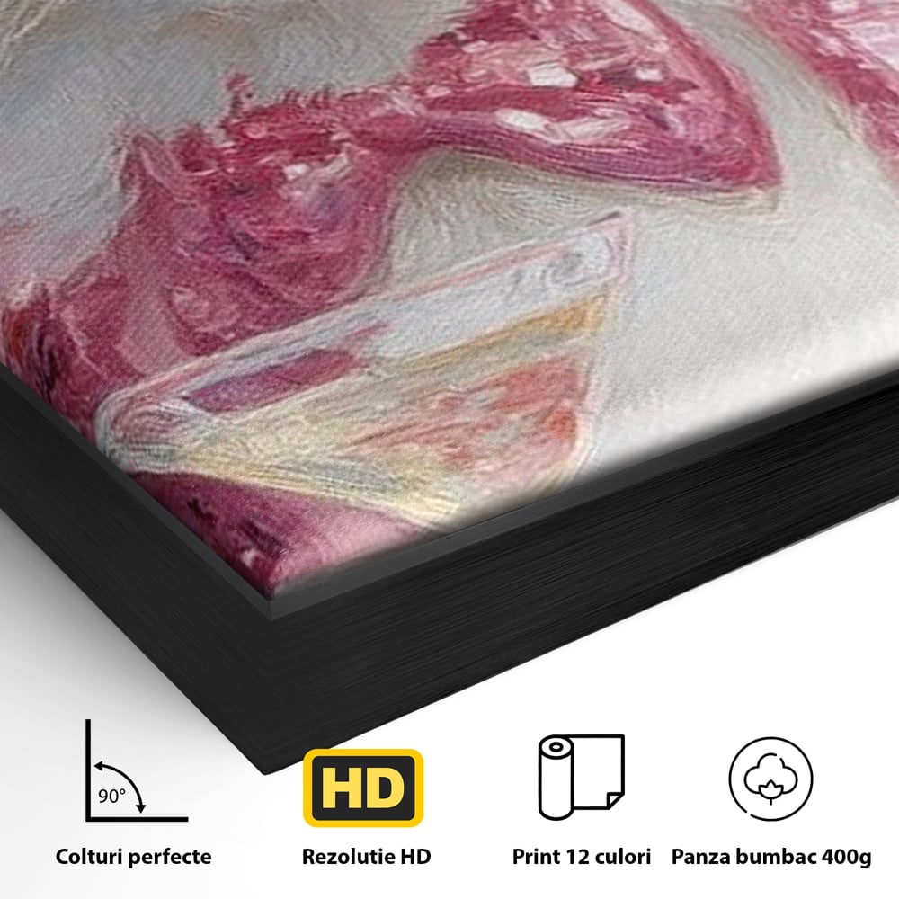 Detaliu al suprafetei: tablou canvas cu motan in costum roz, in rama de aluminiu negru