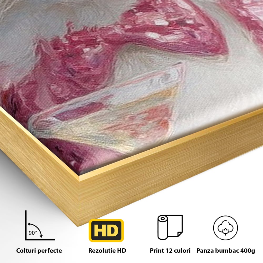Detaliu al suprafetei: tablou canvas cu motan in costum roz, in rama de aluminiu auriu
