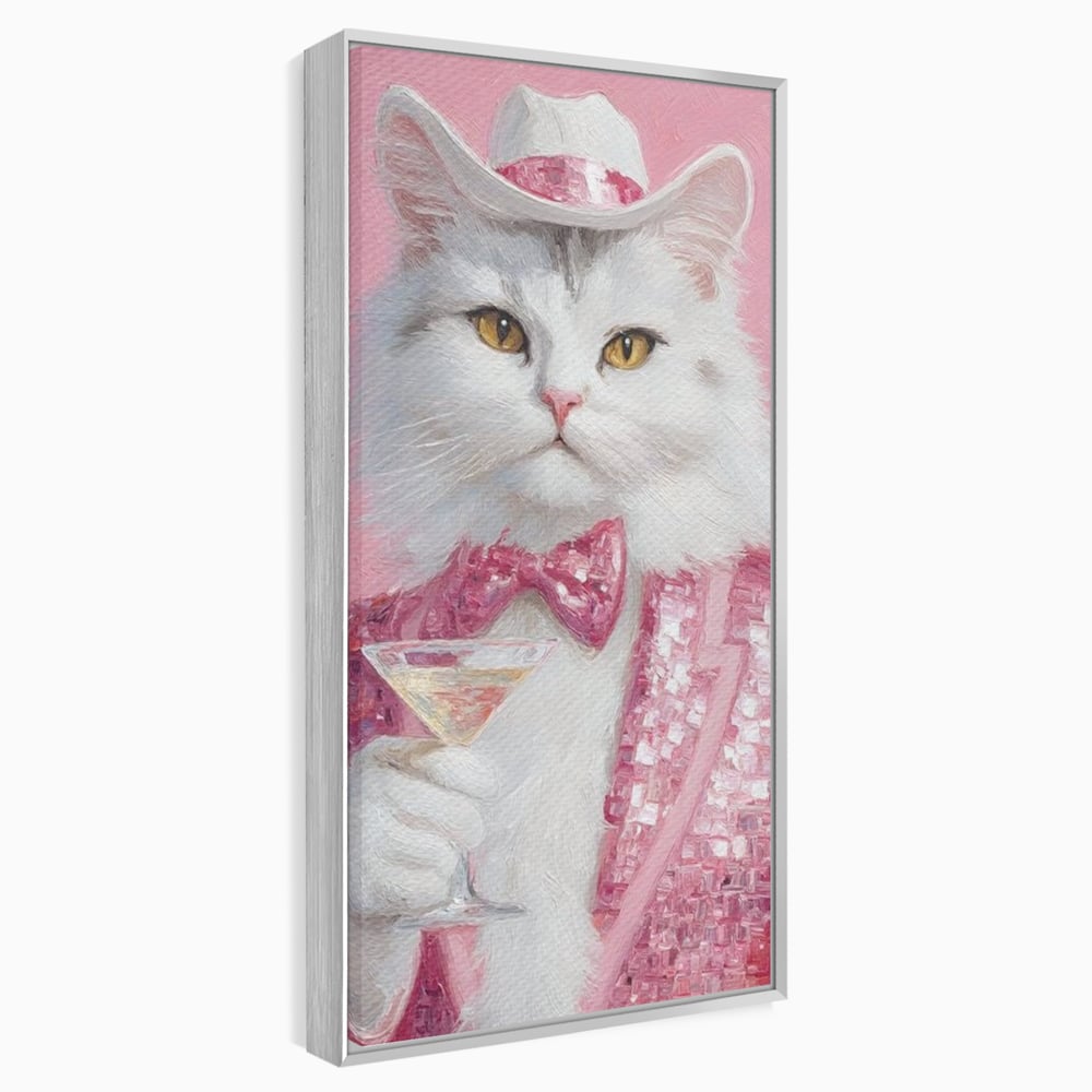 Tablou canvas cu tablou canvas cu motan in costum roz, in rama de aluminiu argintiu
