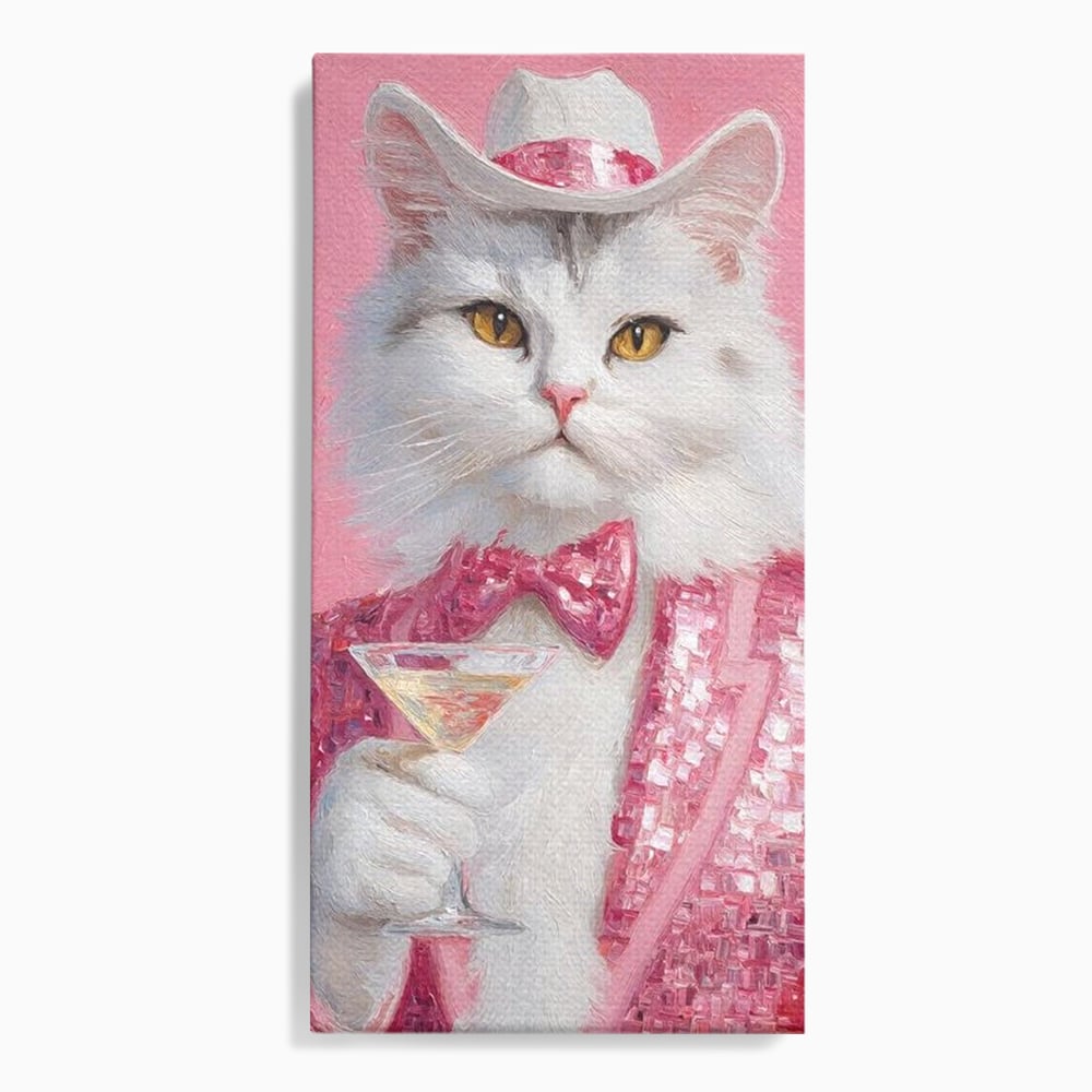 Tablou canvas cu tablou canvas cu motan in costum roz, fara rama, pe sasiu de lemn