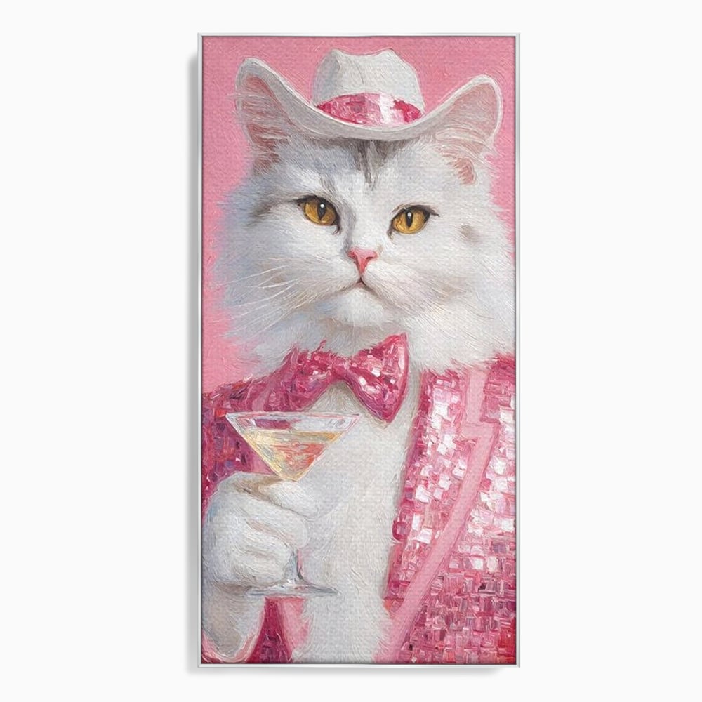 Tablou canvas cu tablou canvas cu motan in costum roz, in rama de aluminiu argintiu