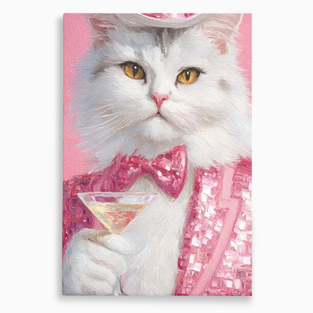 Tablou canvas cu tablou canvas cu motan in costum roz, fara rama, pe sasiu de lemn
