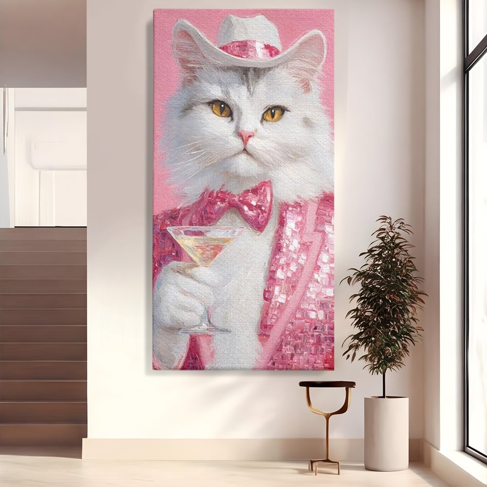 Tablou canvas cu tablou canvas cu motan in costum roz, fara rama, pe sasiu de lemn