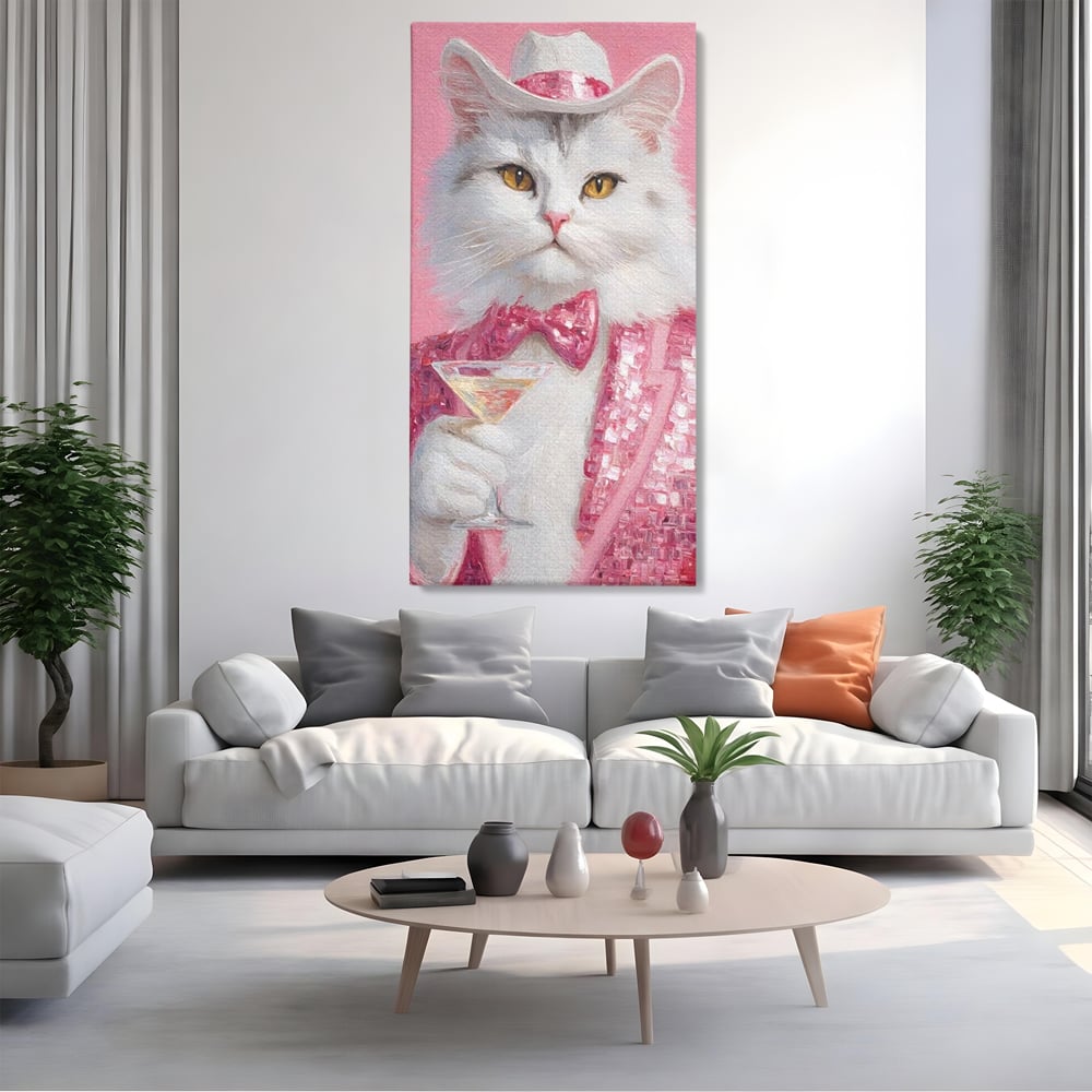 Tablou canvas cu tablou canvas cu motan in costum roz, fara rama, pe sasiu de lemn, pe perete intr-un living