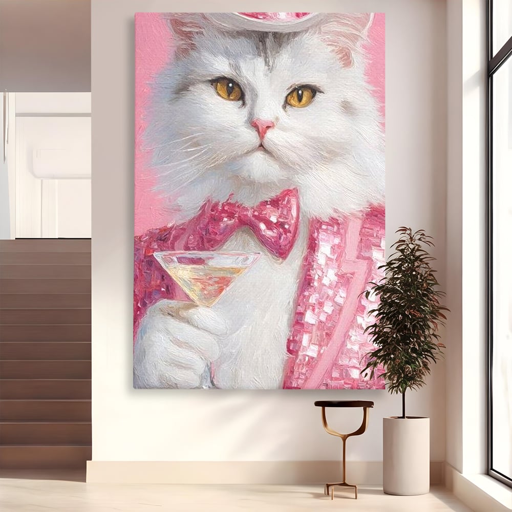 Tablou canvas cu tablou canvas cu motan in costum roz, fara rama, pe sasiu de lemn
