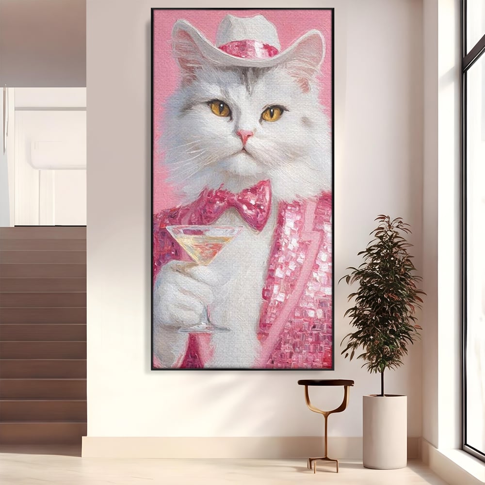 Tablou canvas cu tablou canvas cu motan in costum roz, in rama de aluminiu negru