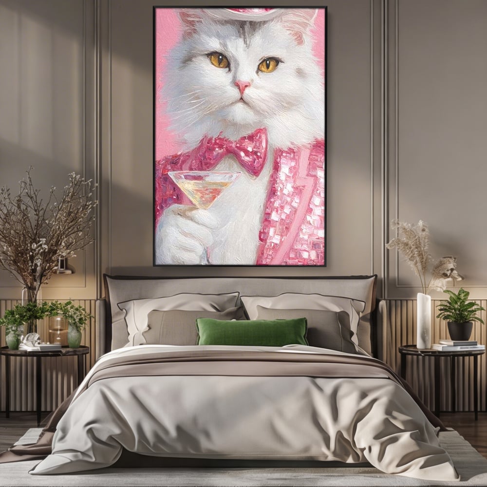 Tablou canvas cu tablou canvas cu motan in costum roz, in rama de aluminiu negru, pe perete intr-un dormitor