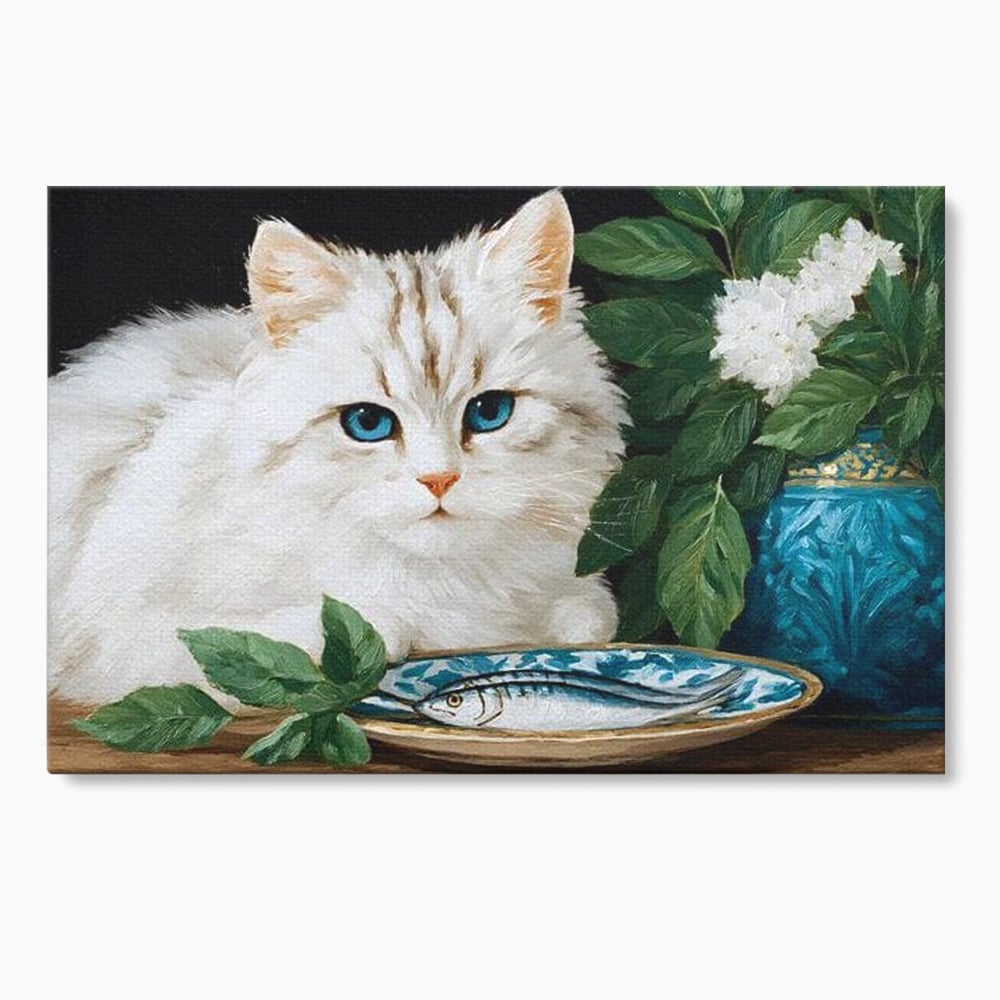Tablou canvas cu tablou canvas cu pisica alba si peste, fara rama, pe sasiu de lemn